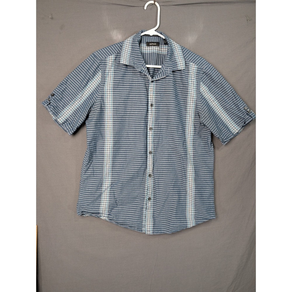 Alfani Mens Blue Striped Short Sleeve Button Down Shirt SU17 0217 Size M